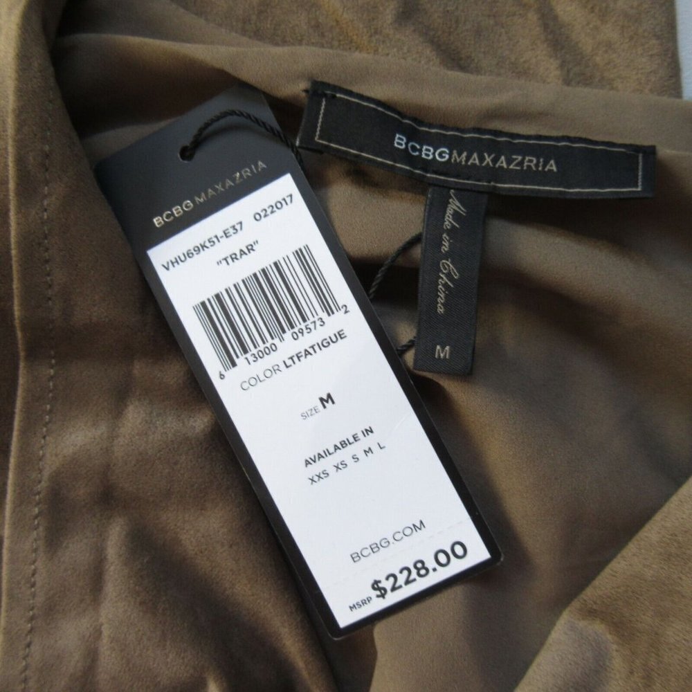 NWT BCBG MaxAzria Tara Trar in Light Fatigue Faux Suede Ruffle High Low Dress M - Picture 7 of 7